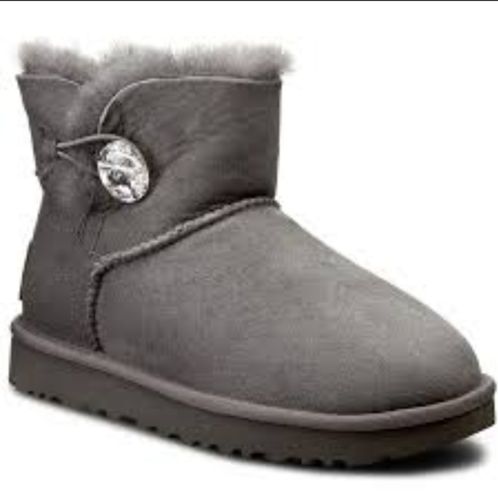 COPY - UGG MINI BAILEY BUTTON BLING Swarovski SUEDE SHEEPSKIN GREY WOMEN`S BOOT…